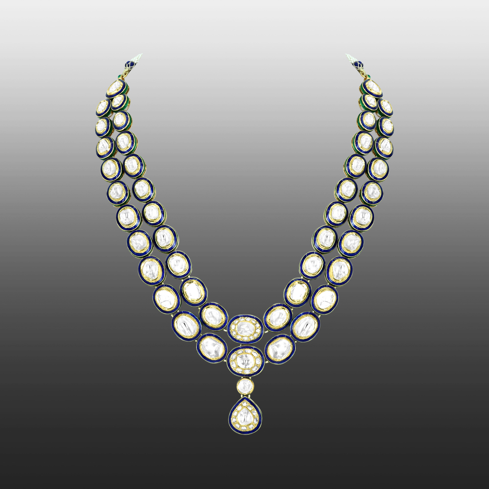 Twin-Line Polki Necklace with Blue Enamel and Pear Pendant